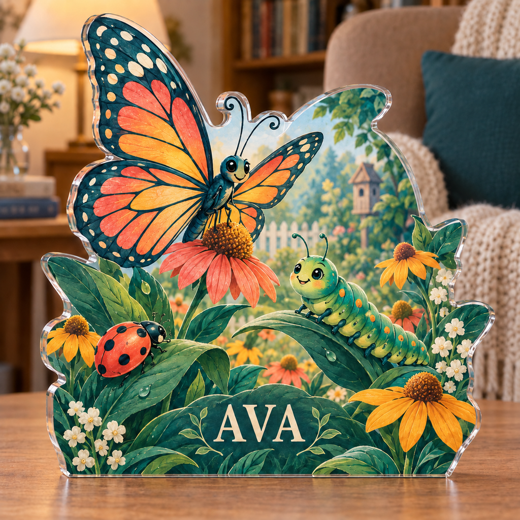 Artwork visualization: Garden insect counting — grandparent storytime corner, personalized AVA, subject-shaped acrylic with printed optical 3D depth; not carved relief.