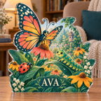 Artwork visualization: Garden insect counting — grandparent storytime corner, personalized AVA, subject-shaped acrylic with printed optical 3D depth; not carved relief.