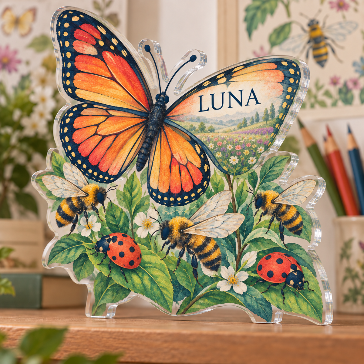 Personalized Garden Insect Counting — Homeschool Learning Wall acrylic plaque with an example name set into the artwork, digital preview