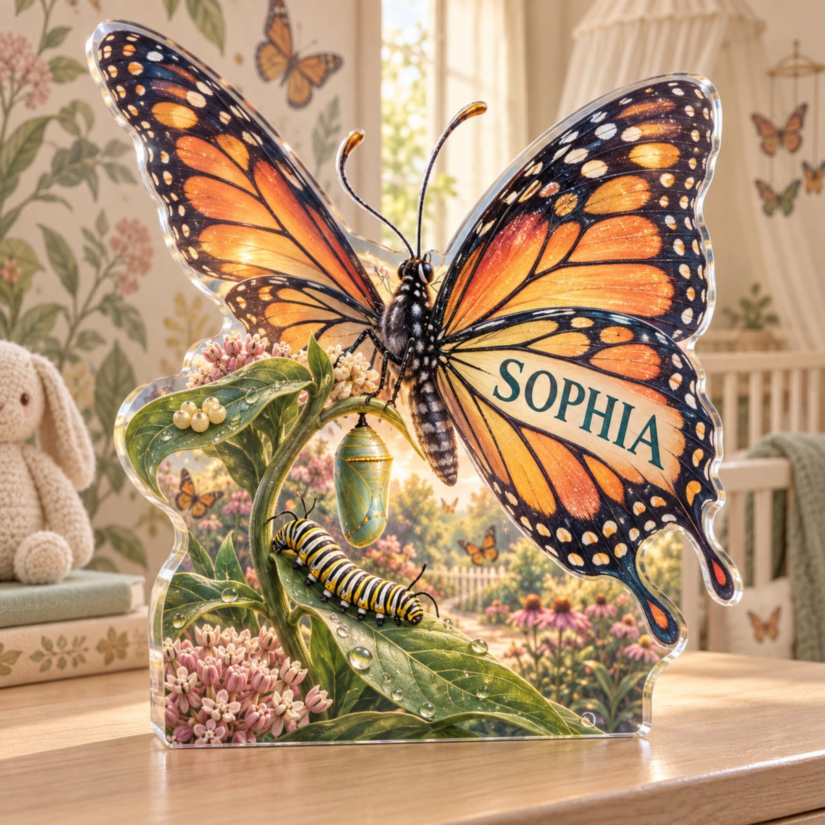 Personalized Butterfly Life Stages Nursery Room Decoration custom shape acrylic plaque with an example name set into the artwork, digital preview