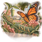 Artwork visualization: Butterfly life stages — personalized name wall, personalized ISLA, subject-shaped acrylic with printed optical 3D depth; not carved relief.