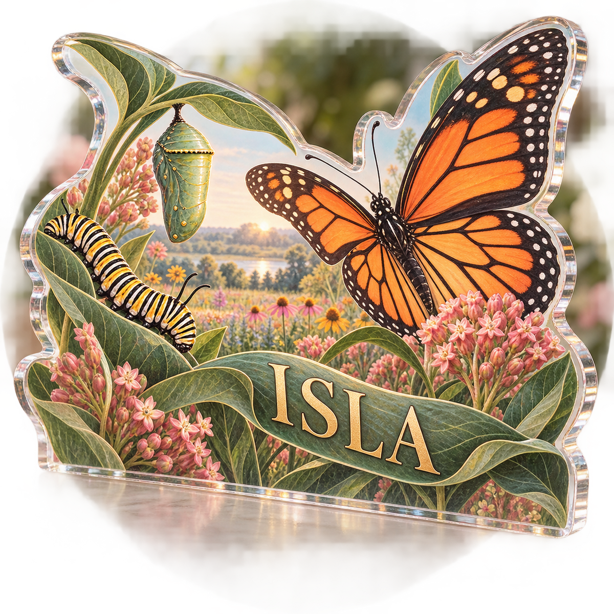 Artwork visualization: Butterfly life stages — personalized name wall, personalized ISLA, subject-shaped acrylic with printed optical 3D depth; not carved relief.