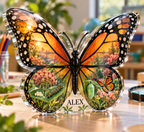 Artwork visualization: Butterfly life stages — preschool classroom display, personalized ALEX, subject-shaped acrylic with printed optical 3D depth; not carved relief.