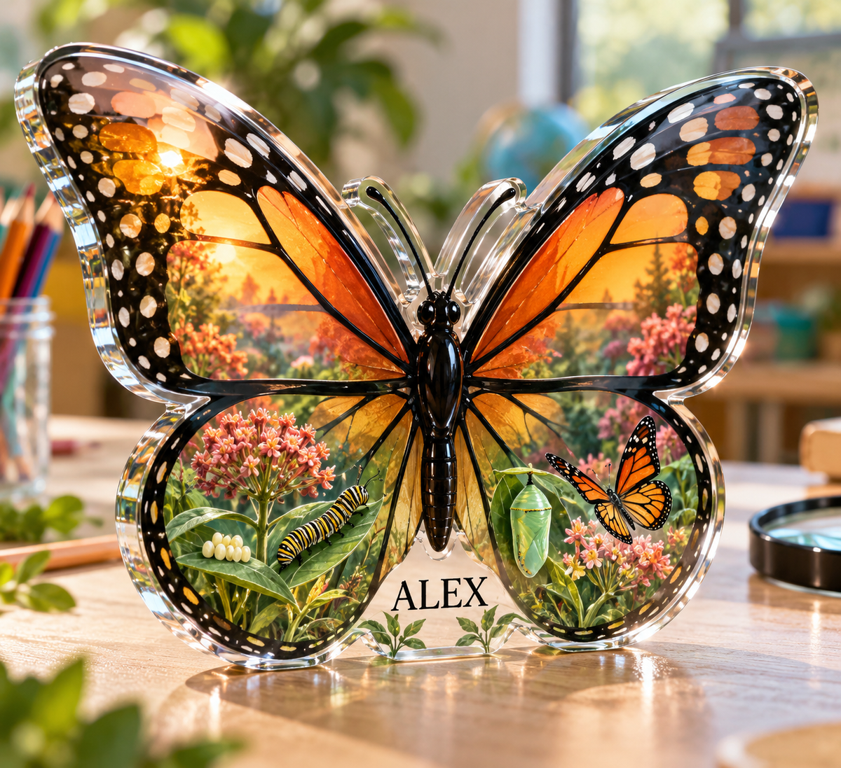 Artwork visualization: Butterfly life stages — preschool classroom display, personalized ALEX, subject-shaped acrylic with printed optical 3D depth; not carved relief.