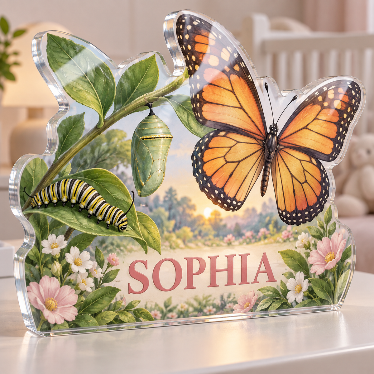 Artwork visualization: Butterfly life stages — first birthday room keepsake, personalized SOPHIA, subject-shaped acrylic with printed optical 3D depth; not carved relief.