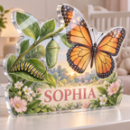 Artwork visualization: Butterfly life stages — first birthday room keepsake, personalized SOPHIA, subject-shaped acrylic with printed optical 3D depth; not carved relief.