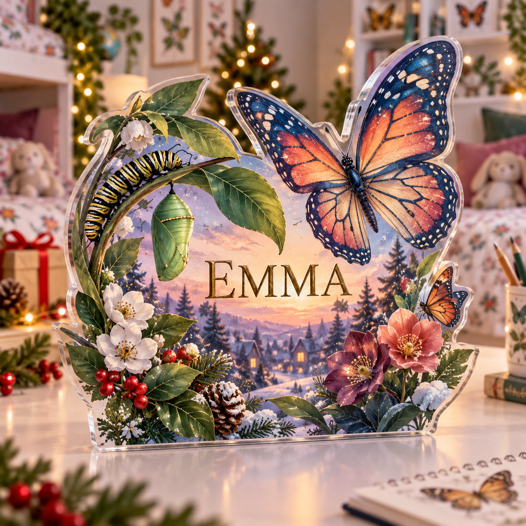 Artwork visualization: Butterfly life stages — sibling shared room, personalized EMMA, subject-shaped acrylic with printed optical 3D depth; not carved relief.