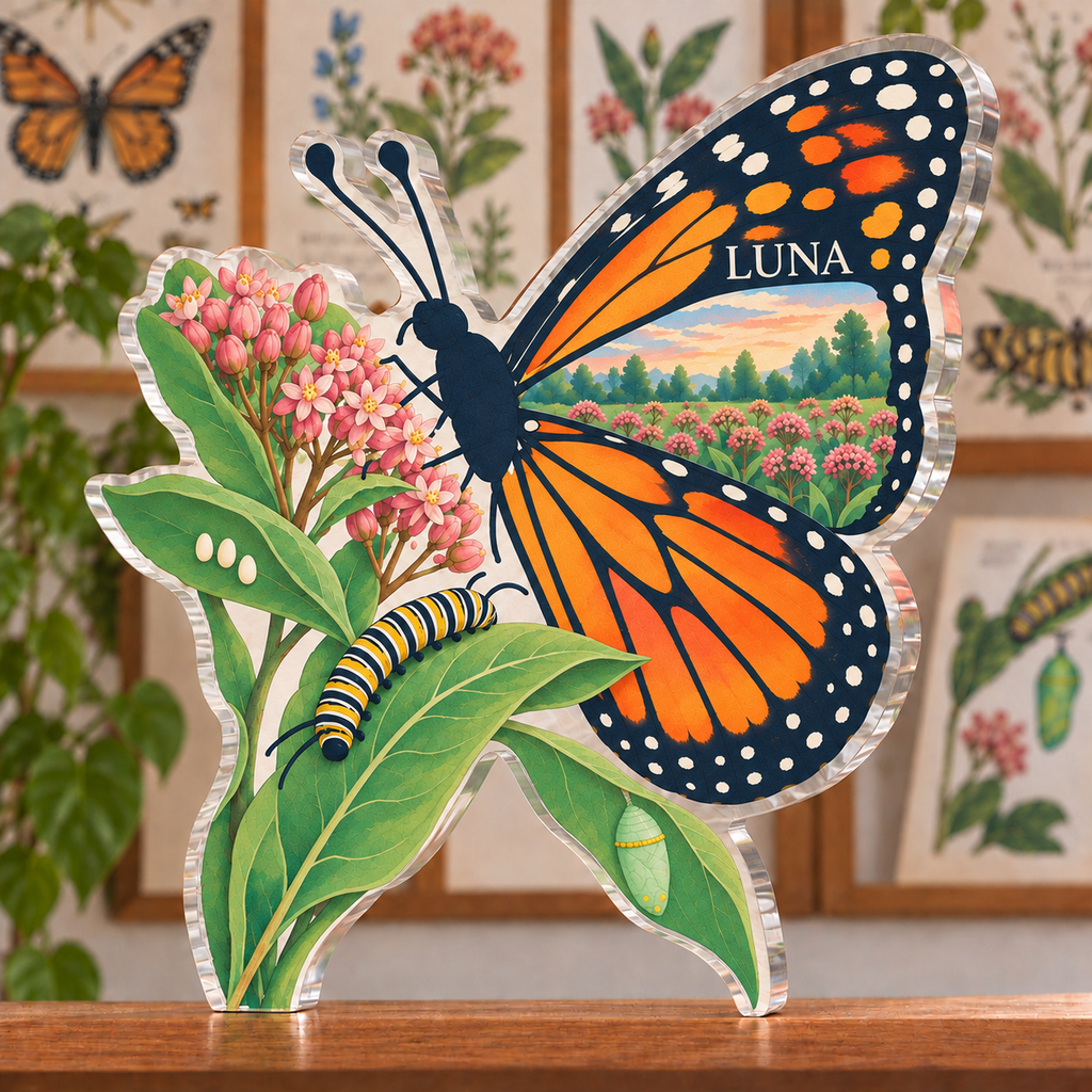 Personalized Butterfly Life Stages — Homeschool Learning Wall acrylic plaque with an example name set into the artwork, digital preview