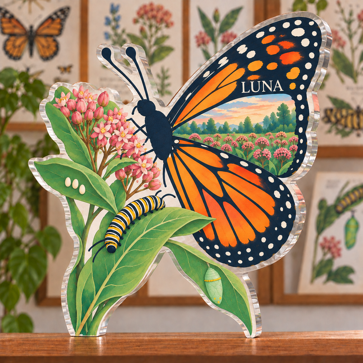Personalized Butterfly Life Stages — Homeschool Learning Wall acrylic plaque with an example name set into the artwork, digital preview