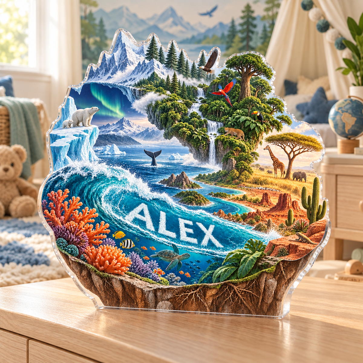 Artwork visualization: World biomes illustration — nursery room decoration, personalized ALEX, subject-shaped acrylic with printed optical 3D depth; not carved relief.