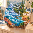 Artwork visualization: World biomes illustration — nursery room decoration, personalized ALEX, subject-shaped acrylic with printed optical 3D depth; not carved relief.