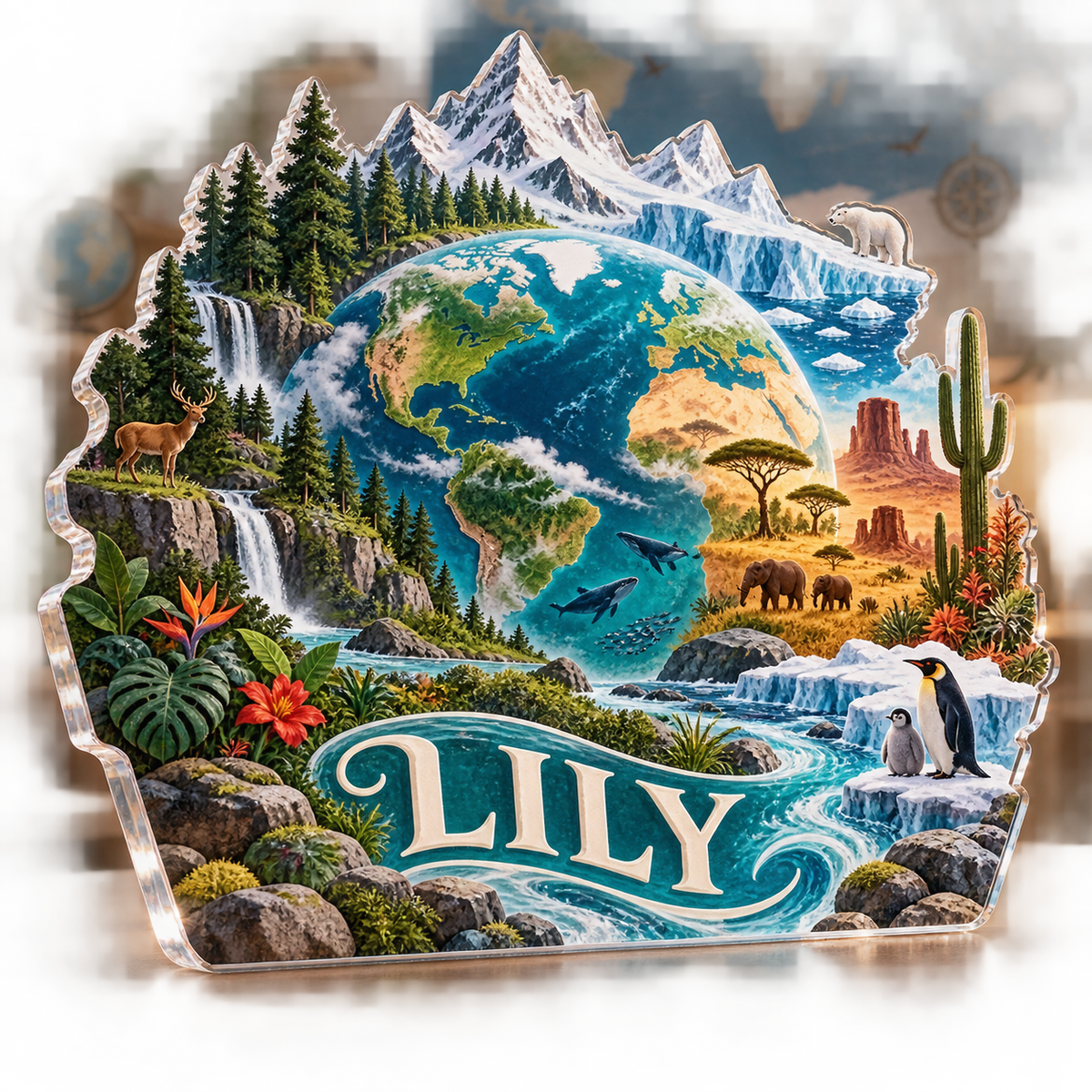 Artwork visualization: World biomes illustration — personalized name wall, personalized LILY, subject-shaped acrylic with printed optical 3D depth; not carved relief.