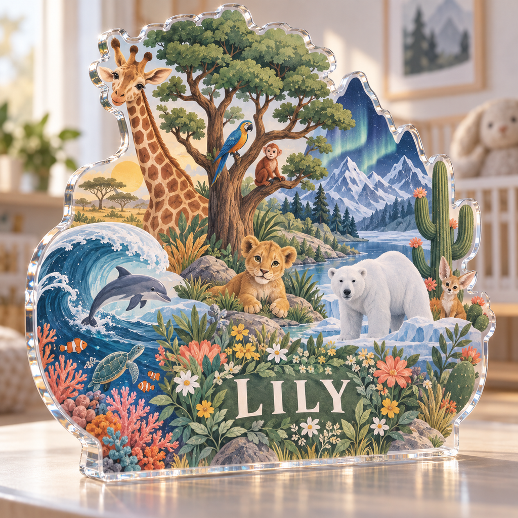 Artwork visualization: World biomes illustration — first birthday room keepsake, personalized LILY, subject-shaped acrylic with printed optical 3D depth; not carved relief.