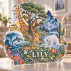 Artwork visualization: World biomes illustration — first birthday room keepsake, personalized LILY, subject-shaped acrylic with printed optical 3D depth; not carved relief.