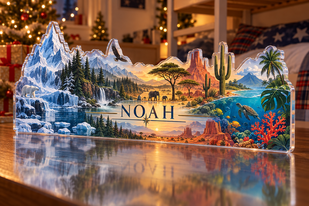Artwork visualization: World biomes illustration — sibling shared room, personalized NOAH, subject-shaped acrylic with printed optical 3D depth; not carved relief.