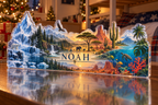 Artwork visualization: World biomes illustration — sibling shared room, personalized NOAH, subject-shaped acrylic with printed optical 3D depth; not carved relief.