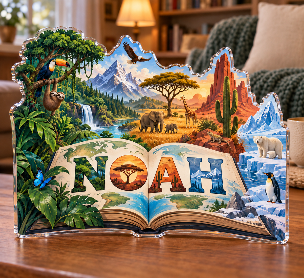 Artwork visualization: World biomes illustration — grandparent storytime corner, personalized NOAH, subject-shaped acrylic with printed optical 3D depth; not carved relief.