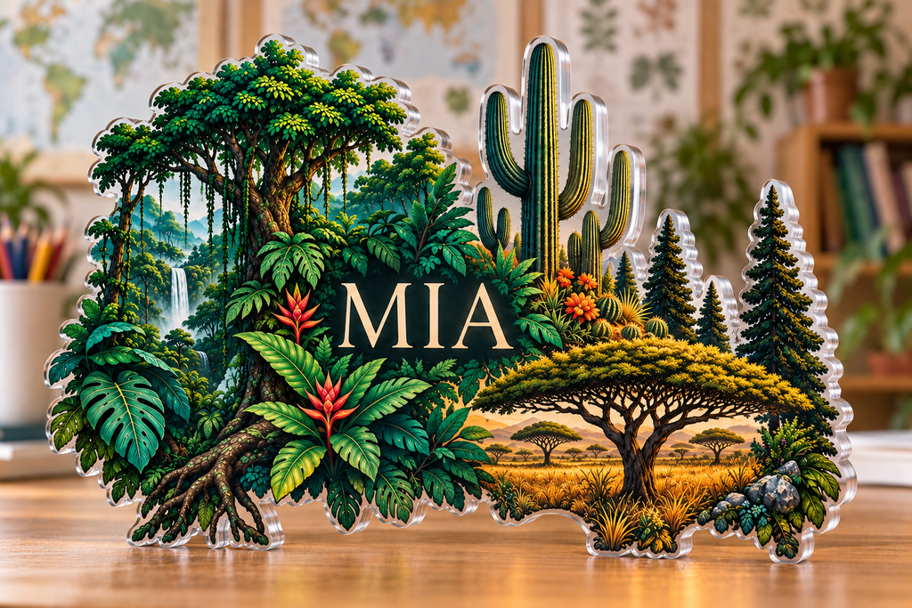 Personalized World Biomes Illustration — Homeschool Learning Wall acrylic plaque with an example name set into the artwork, digital preview