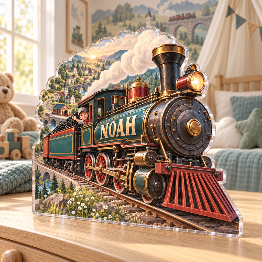 Artwork visualization: Train village map — nursery room decoration, personalized NOAH, subject-shaped acrylic with printed optical 3D depth; not carved relief.