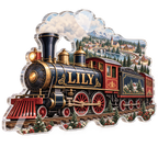 Artwork visualization: Train village map — personalized name wall, personalized LILY, subject-shaped acrylic with printed optical 3D depth; not carved relief.