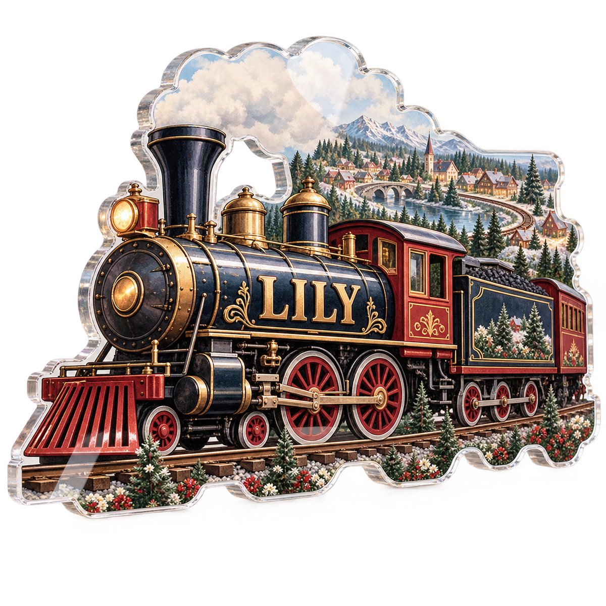 Artwork visualization: Train village map — personalized name wall, personalized LILY, subject-shaped acrylic with printed optical 3D depth; not carved relief.