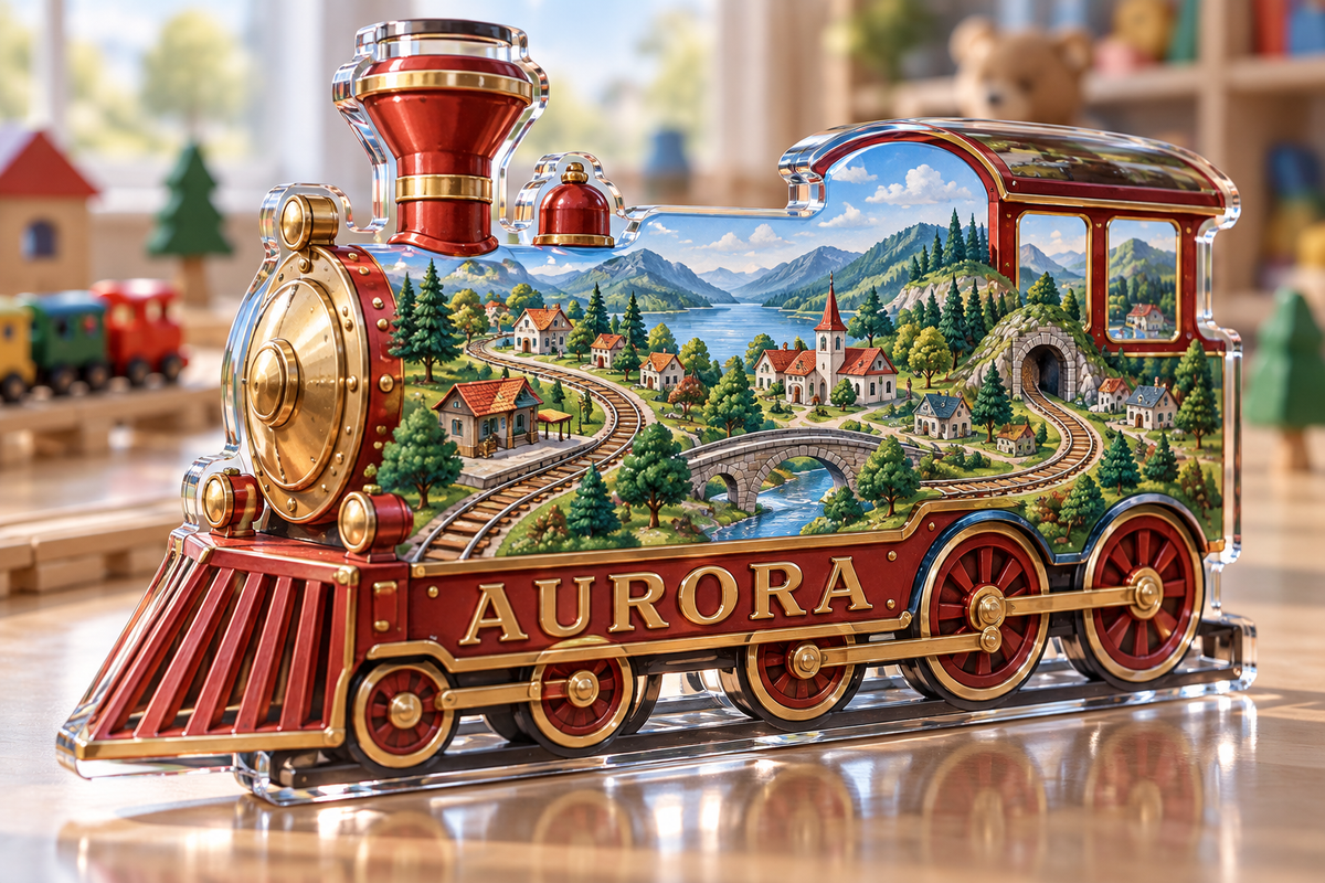 Artwork visualization: Train village map — preschool classroom display, personalized AURORA, subject-shaped acrylic with printed optical 3D depth; not carved relief.
