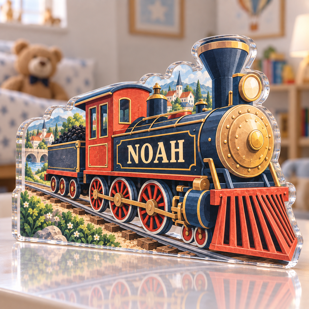Artwork visualization: Train village map — first birthday room keepsake, personalized NOAH, subject-shaped acrylic with printed optical 3D depth; not carved relief.