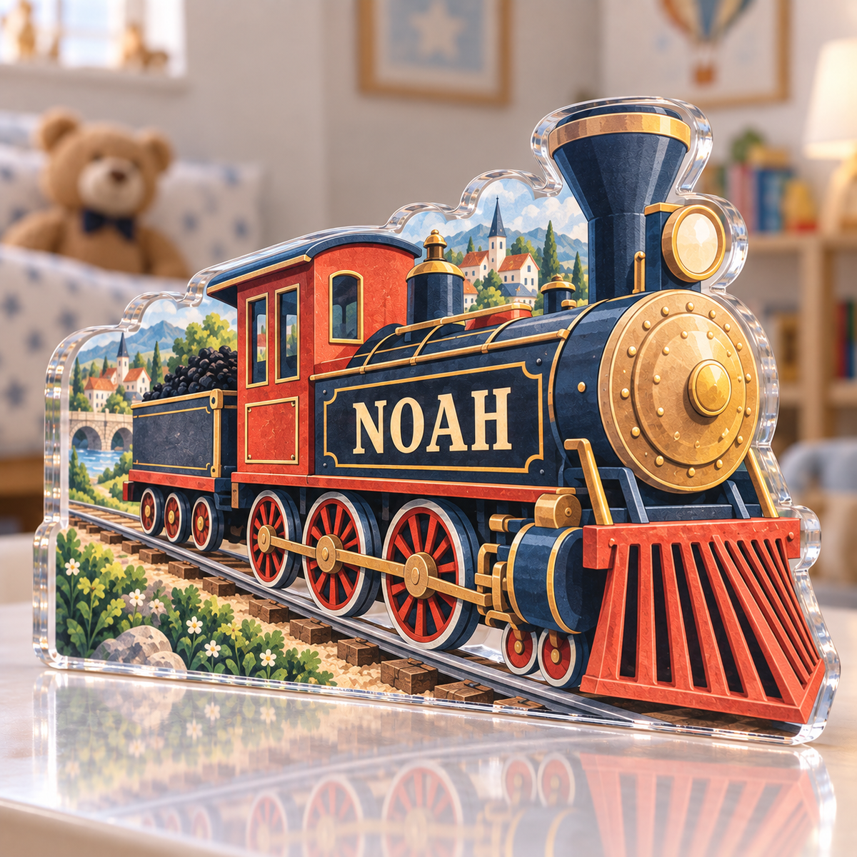 Artwork visualization: Train village map — first birthday room keepsake, personalized NOAH, subject-shaped acrylic with printed optical 3D depth; not carved relief.