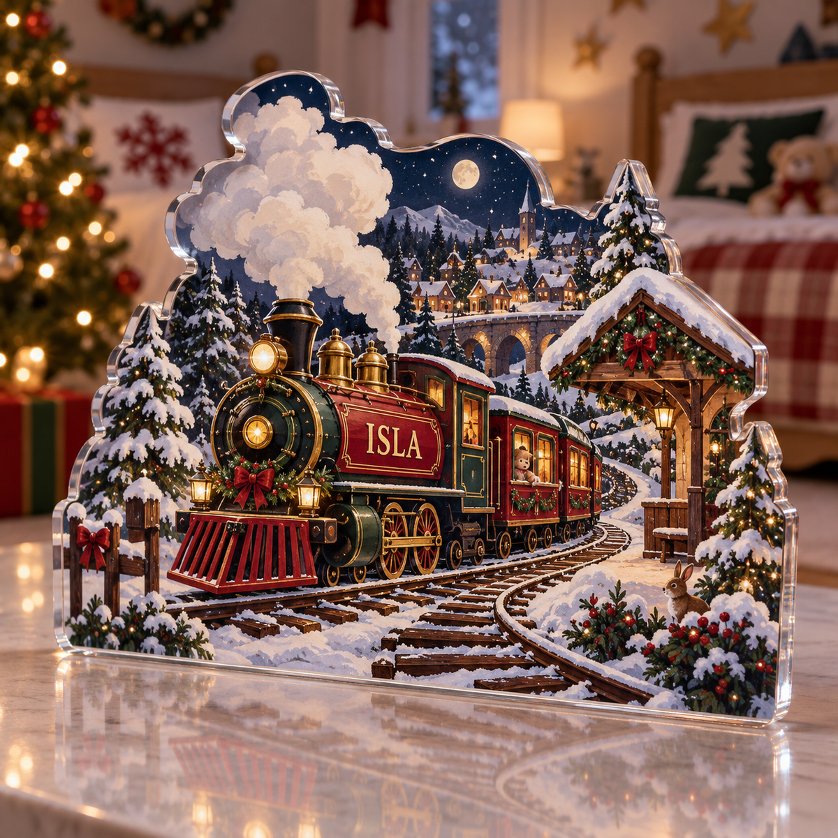 Artwork visualization: Train village map — sibling shared room, personalized ISLA, subject-shaped acrylic with printed optical 3D depth; not carved relief.