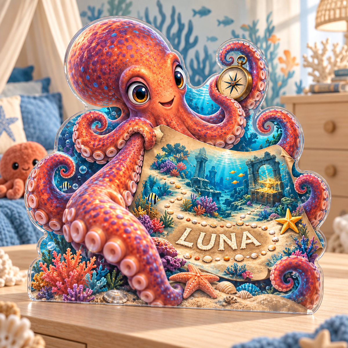 Artwork visualization: Underwater treasure map — nursery room decoration, personalized LUNA, subject-shaped acrylic with printed optical 3D depth; not carved relief.
