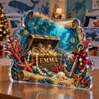 Artwork visualization: Underwater treasure map — sibling shared room, personalized EMMA, subject-shaped acrylic with printed optical 3D depth; not carved relief.