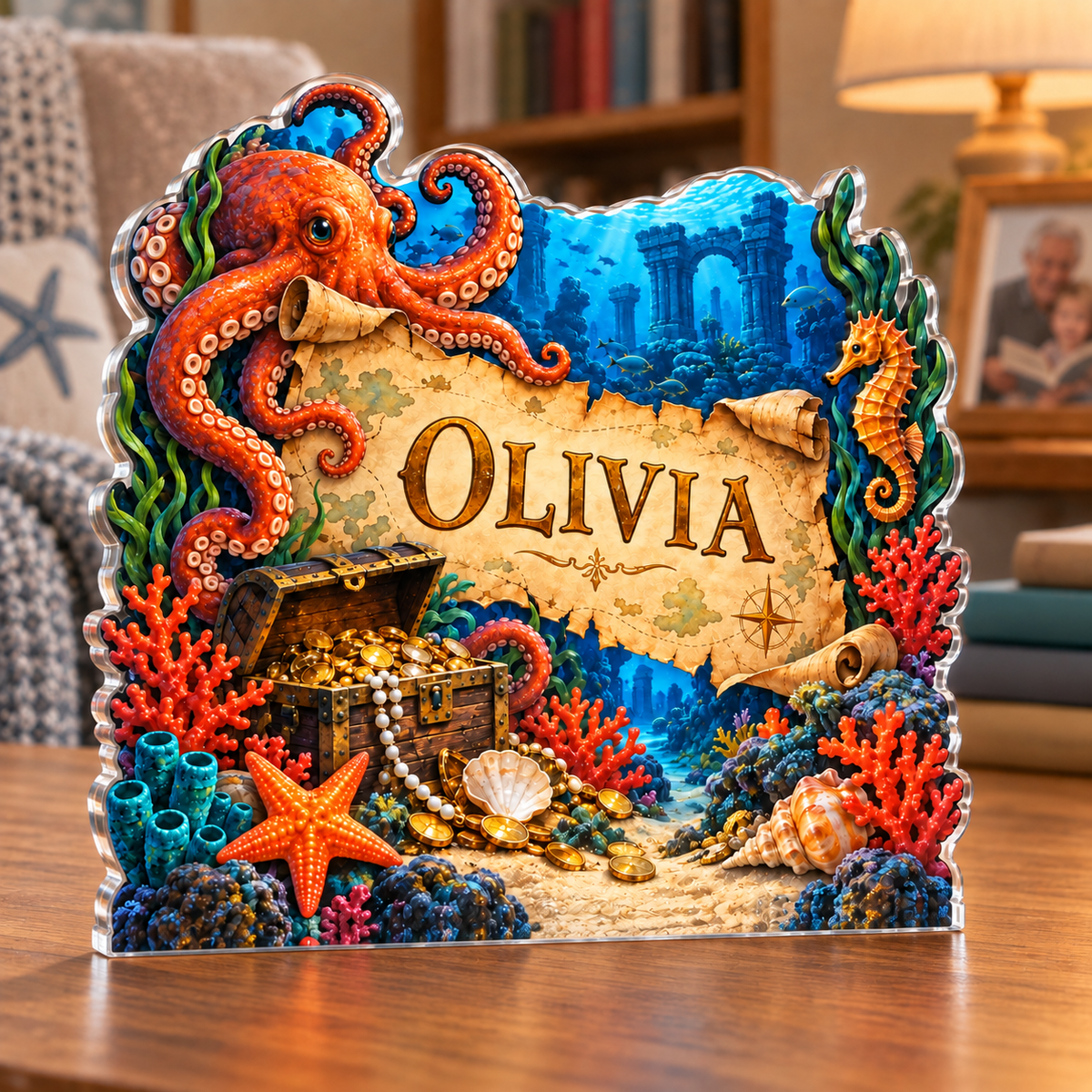 Artwork visualization: Underwater treasure map — grandparent storytime corner, personalized OLIVIA, subject-shaped acrylic with printed optical 3D depth; not carved relief.