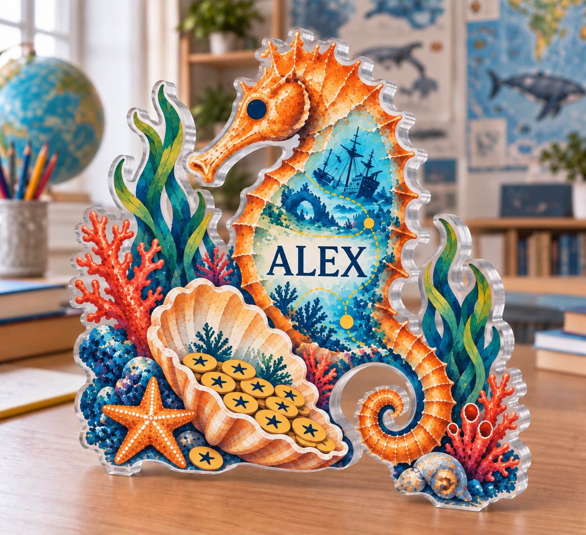Personalized Underwater Treasure Map — Homeschool Learning Wall acrylic plaque with an example name set into the artwork, digital preview