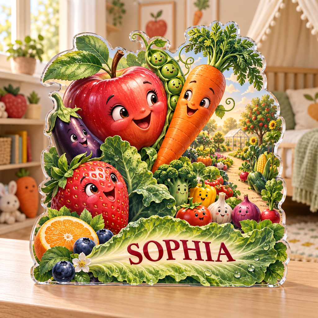 Artwork visualization: Fruit and vegetable alphabet — nursery room decoration, personalized SOPHIA, subject-shaped acrylic with printed optical 3D depth; not carved relief.