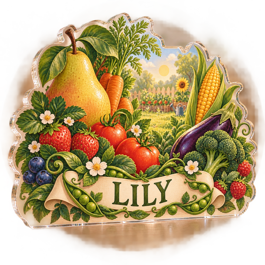 Artwork visualization: Fruit and vegetable alphabet — personalized name wall, personalized LILY, subject-shaped acrylic with printed optical 3D depth; not carved relief.