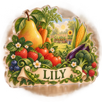 Artwork visualization: Fruit and vegetable alphabet — personalized name wall, personalized LILY, subject-shaped acrylic with printed optical 3D depth; not carved relief.