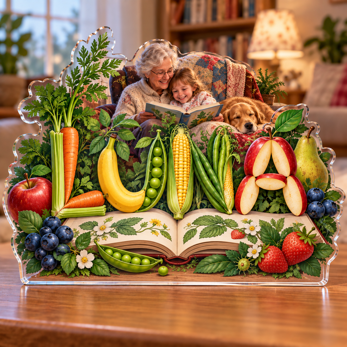 Artwork visualization: Fruit and vegetable alphabet — grandparent storytime corner, personalized LUNA, subject-shaped acrylic with printed optical 3D depth; not carved relief.