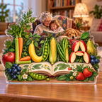 Artwork visualization: Fruit and vegetable alphabet — grandparent storytime corner, personalized LUNA, subject-shaped acrylic with printed optical 3D depth; not carved relief.