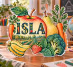 Personalized Fruit And Vegetable Alphabet — Homeschool Learning Wall acrylic plaque with an example name set into the artwork, digital preview