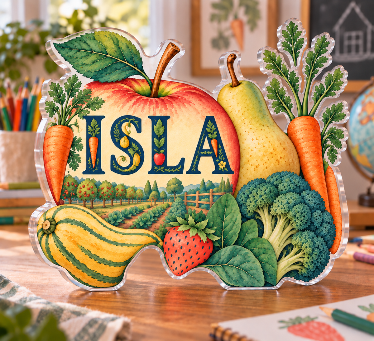 Personalized Fruit And Vegetable Alphabet — Homeschool Learning Wall acrylic plaque with an example name set into the artwork, digital preview