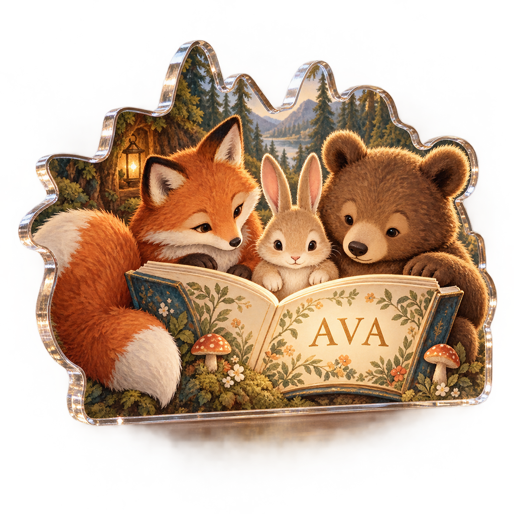 Artwork visualization: Original storybook animals — personalized name wall, personalized AVA, subject-shaped acrylic with printed optical 3D depth; not carved relief.