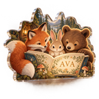 Artwork visualization: Original storybook animals — personalized name wall, personalized AVA, subject-shaped acrylic with printed optical 3D depth; not carved relief.