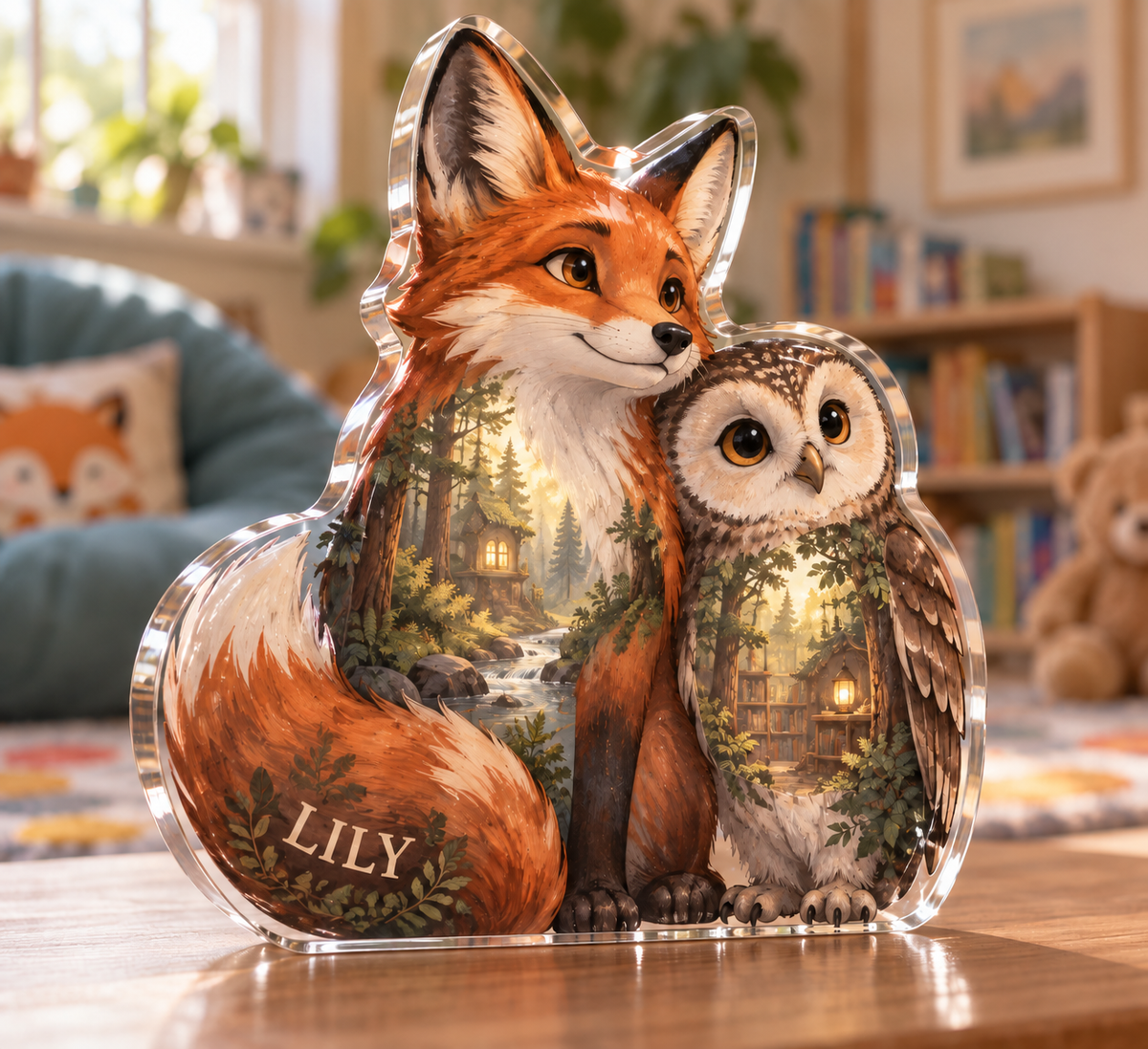 Artwork visualization: Original storybook animals — preschool classroom display, personalized LILY, subject-shaped acrylic with printed optical 3D depth; not carved relief.