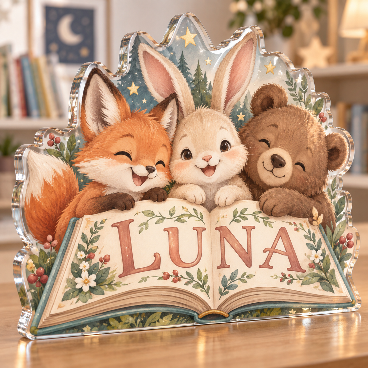 Artwork visualization: Original storybook animals — first birthday room keepsake, personalized LUNA, subject-shaped acrylic with printed optical 3D depth; not carved relief.