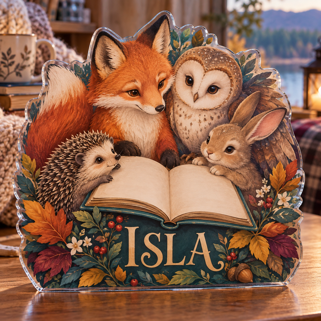 Artwork visualization: Original storybook animals — grandparent storytime corner, personalized ISLA, subject-shaped acrylic with printed optical 3D depth; not carved relief.