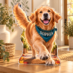 Artwork visualization: Golden retriever — household welcome decor, personalized SOPHIA, subject-shaped acrylic with printed optical 3D depth; not carved relief.