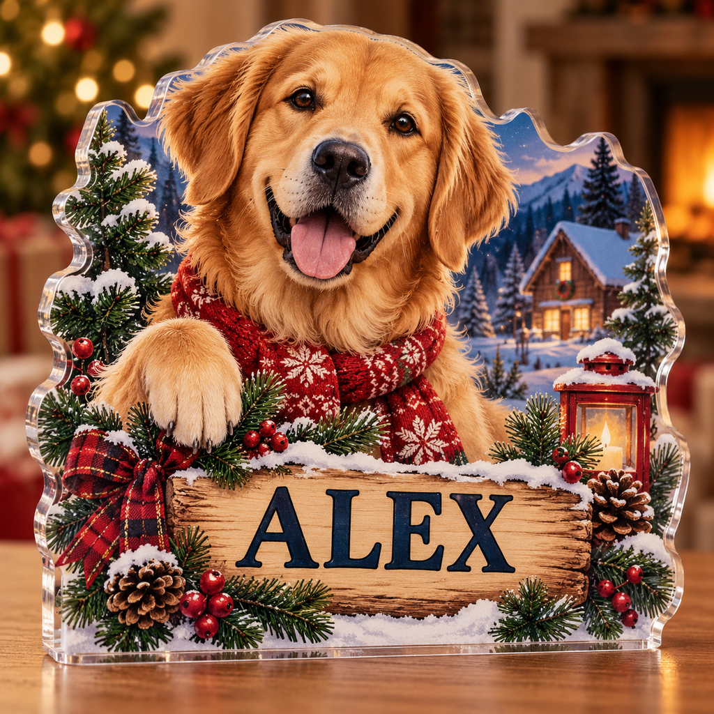 Artwork visualization: Golden retriever — holiday family inclusion, personalized ALEX, subject-shaped acrylic with printed optical 3D depth; not carved relief.