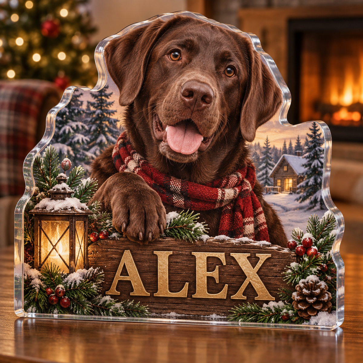 Artwork visualization: Labrador retriever — holiday family inclusion, personalized ALEX, subject-shaped acrylic with printed optical 3D depth; not carved relief.