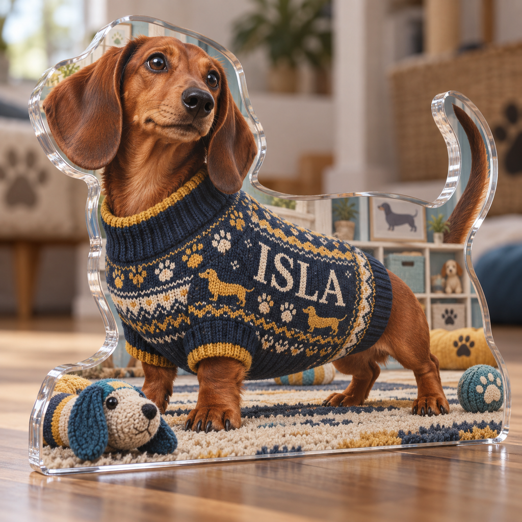 Artwork visualization: Dachshund — pet room decoration, personalized ISLA, subject-shaped acrylic with printed optical 3D depth; not carved relief.