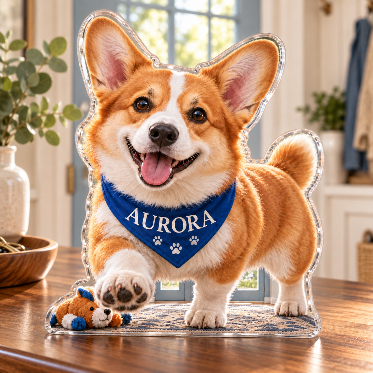 Artwork visualization: Corgi — household welcome decor, personalized AURORA, subject-shaped acrylic with printed optical 3D depth; not carved relief.